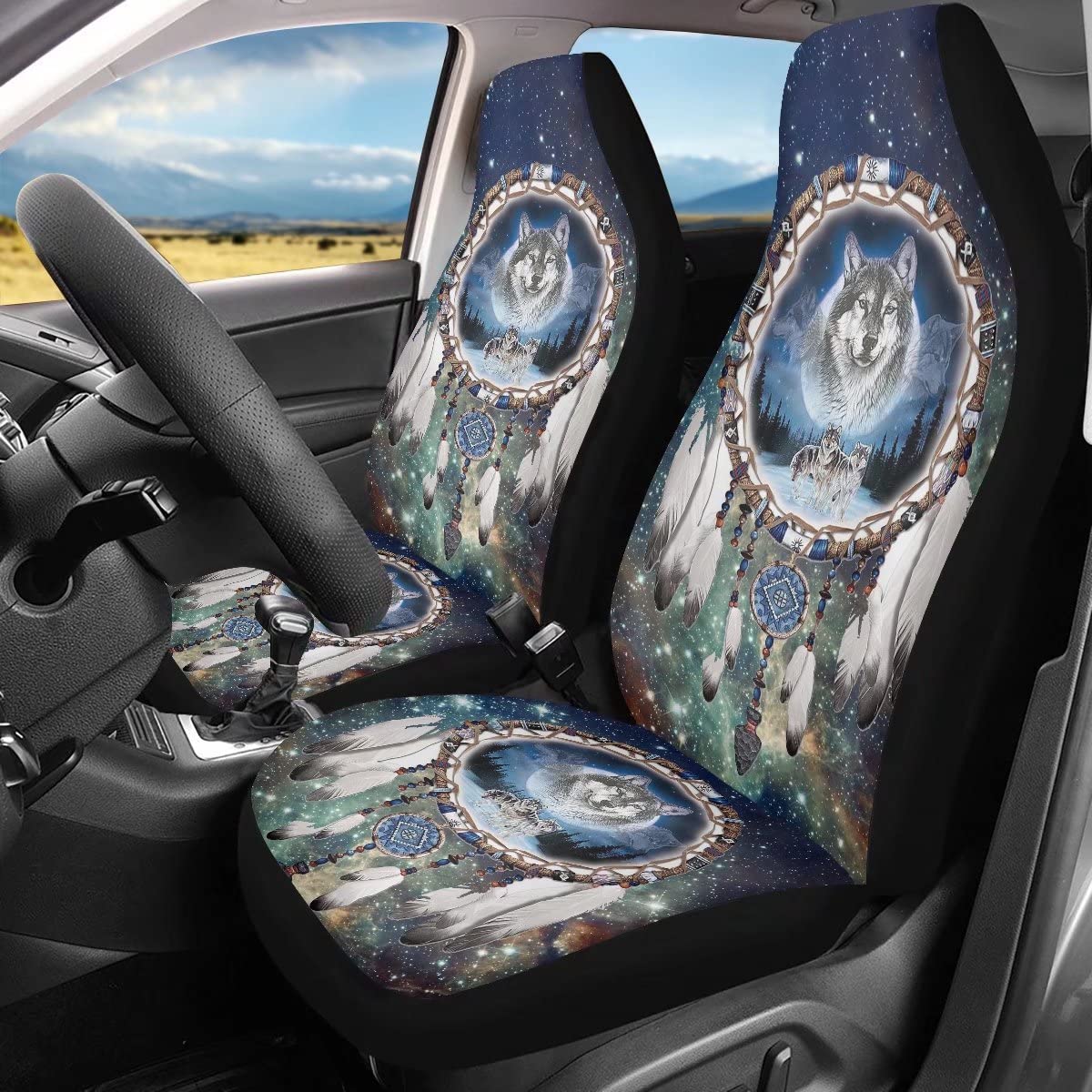 chaqlin Autositzbezüge mit Galaxie-Wolf-Motiv, Vordersitzmatten für Damen und Herren, Traumfänger, Innenzubehör für Autos, Dekoration, 2 Stück von chaqlin