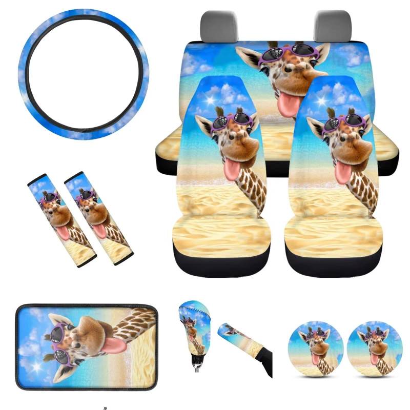 chaqlin Autositzbezüge mit Strand-Giraffen-Druck, komplettes Set, 12 Stück, Universal-Lenkradbezüge, Armlehnenbezug, lustige Giraffe, Tier-Sicherheitsgurtpolster, Untersetzer, Auto-Innenzubehör für von chaqlin