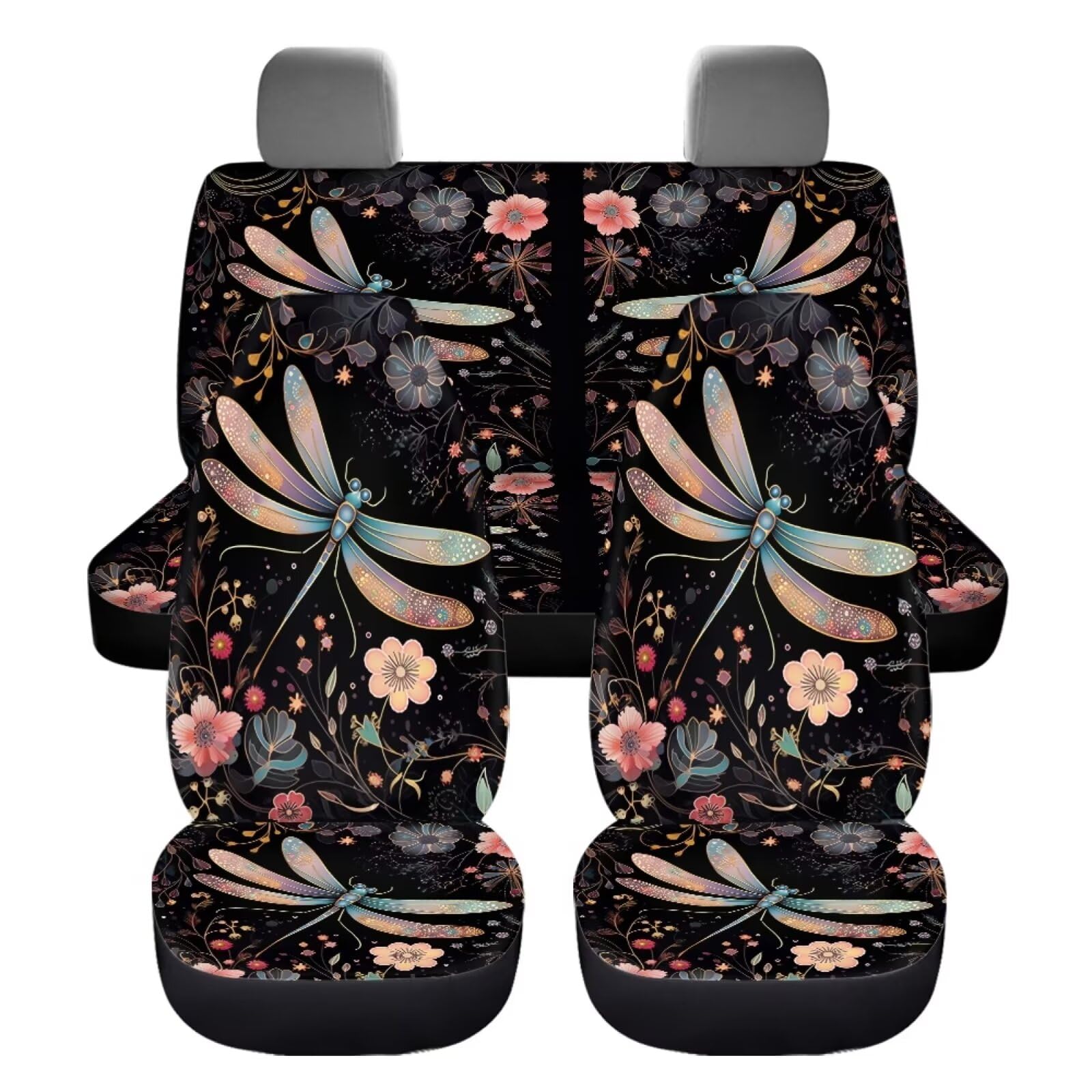 chaqlin Flower Dragonfly Autositzbezug-Set für Damen, Auto-Innenzubehör 4-teiliges Set,universeller Autositzschutz für vorne und hinten, passend für die meisten Autos, SUV,Van von chaqlin