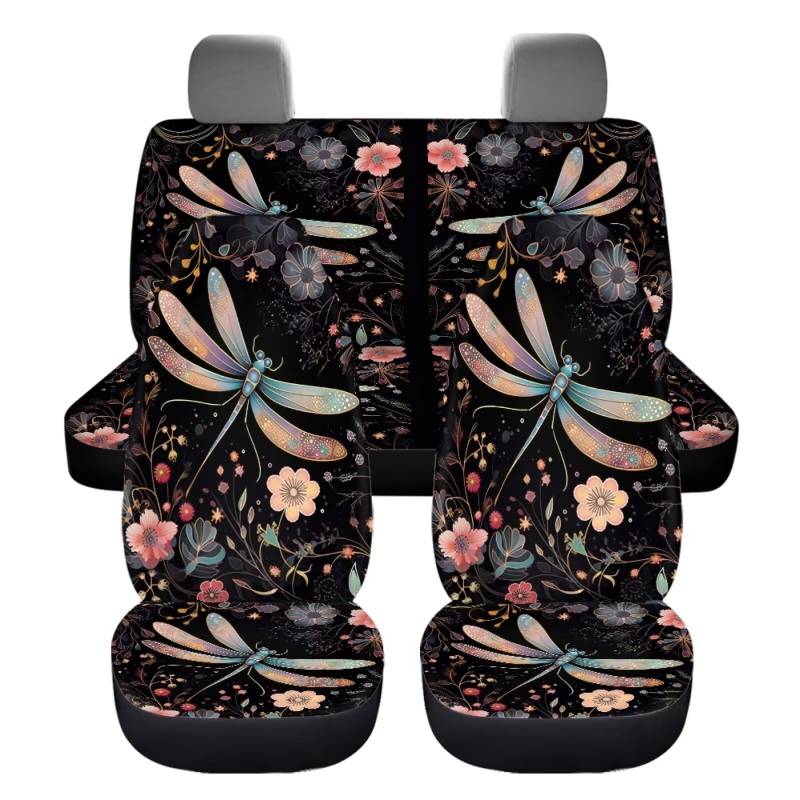 chaqlin Flower Dragonfly Autositzbezug-Set für Damen, Auto-Innenzubehör 4-teiliges Set,universeller Autositzschutz für vorne und hinten, passend für die meisten Autos, SUV,Van von chaqlin