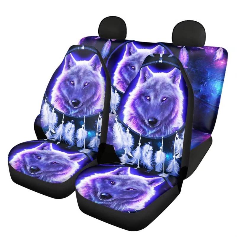 chaqlin Blaue Traumfänger Wolf Autozubehör 4-teiliges Set, 2-teiliges Auto-Vordersitzbezüge + 2-teilige Geteilte Sitzbezug-Rücksitzschutz-Komplettset für Damen Herrengeschenke, universelle Passform von chaqlin