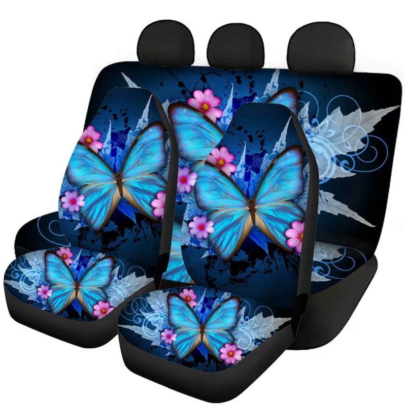 chaqlin Blue Butterfly Auto Vordere Rücksitzbezüge Kompletter Satz von 4 Stück Universal Fit Die meisten Auto-SUV-Van-Trucks, Rücksitz-Schutzpolster für Damen-Autozubehör von chaqlin