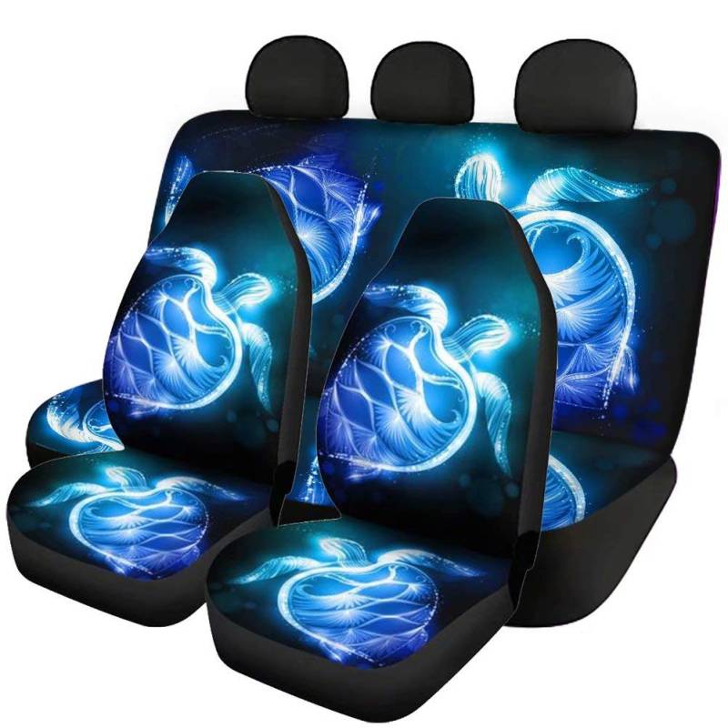 chaqlin Blue Neon Sea Turtle Print 2-teilige Auto-Vordersitzbezüge + 2-teiliger Rücksitzschutz Geteilte Sitzbezüge Allwetter-Eimersitzkissen Autozubehör Komplettset 4-teilig, Universal Fit von chaqlin