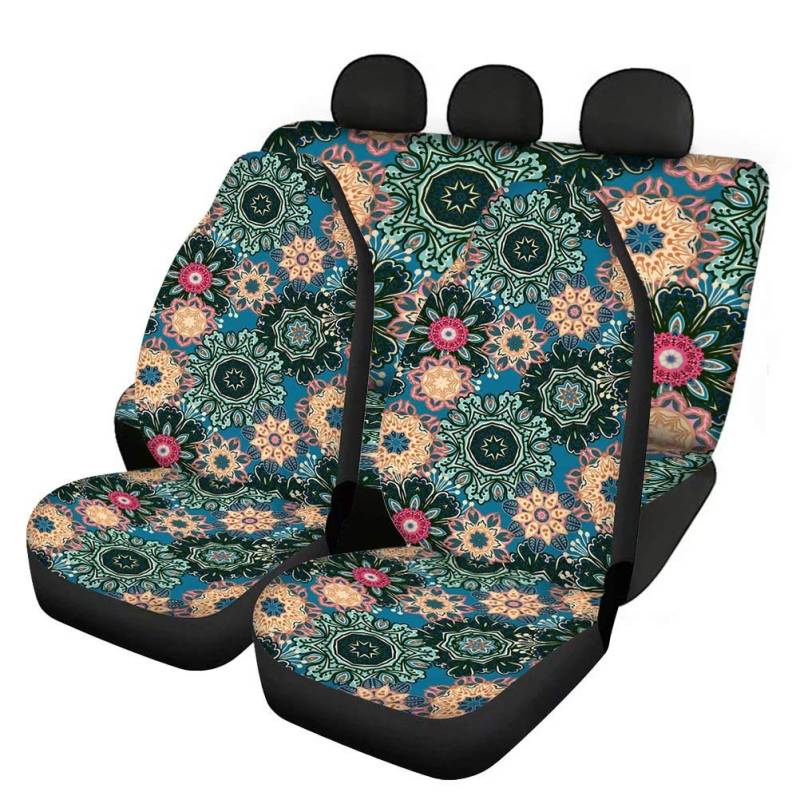 chaqlin Boho-Mandala-Auto-Vordersitzbezüge, Rücksitzschutz, geteilte Bankabdeckung, 4-teiliges Set, modische Satteldecke, Auto-Zubehör von chaqlin