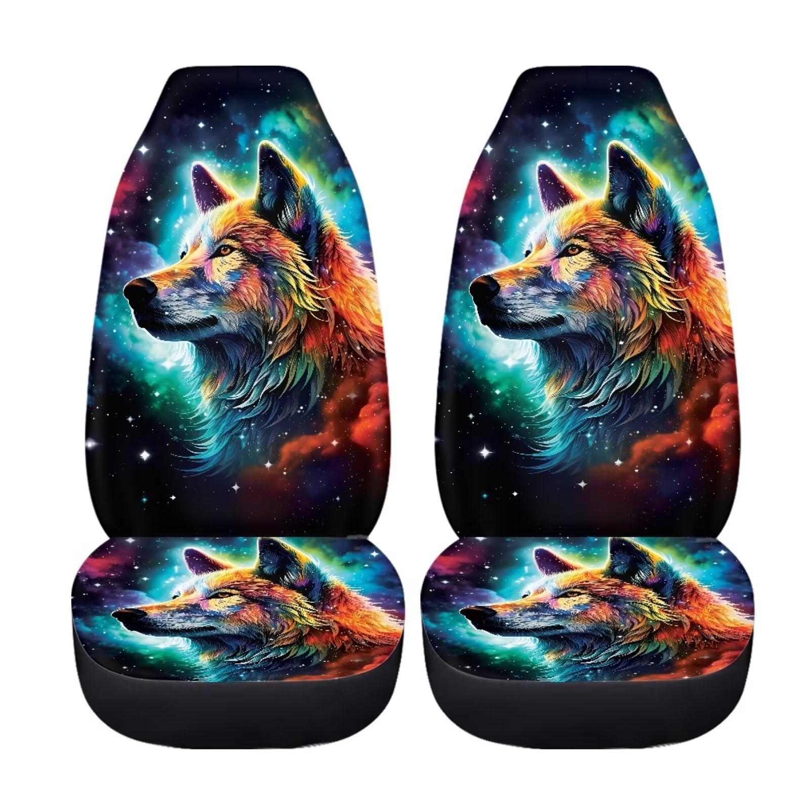 chaqlin Galaxy Wolf 2 Stück Autositzbezüge Set Tier-Galaxie Wolf Autoinnenzubehör für Damen und Herren von chaqlin