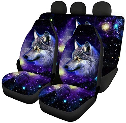 chaqlin Galaxy Wolf Autozubehör 4-teiliges Set, 2-teiliges Auto-Vordersitzbezüge + 2-teilige Geteilte Sitzbezug-Rücksitzschutz-Komplettset für Damen Herrengeschenke, universelle Passform von chaqlin