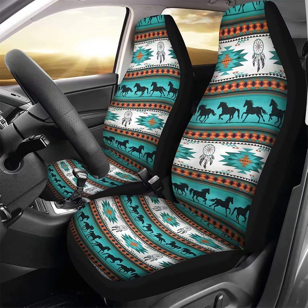 chaqlin Native Aztec Front Autositzbezüge 2er-Set, Universal Fit für Fahrzeuglimousine und Jeep, Horse Dreamcatcher Pattern Car Interior Protector von chaqlin