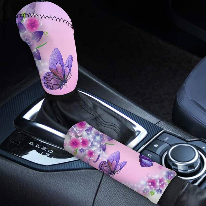 chaqlin Pink Butterfly Print Kfz-Schaltknaufabdeckung + Handbremsabdeckung für Damen Niedliche Blumenetui-Hülle Handschutz Auto-Innendekor-Zubehör 2er-Set von chaqlin