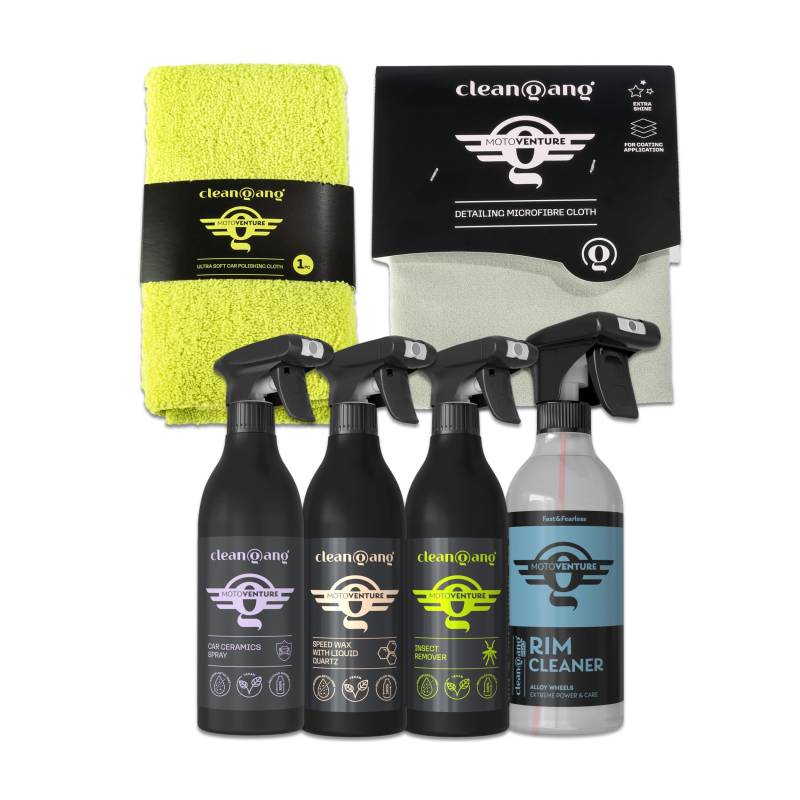 Cleangang Auto Reinigungsset Aussen - Spar-Set 6-Teilig für Porentiefe Reinheit und glänzenden Lack - Felgenreiniger + Keramikspray + Insektenentferner + SpeedWax + Politertuch & Mikrofasertuch von cleangang