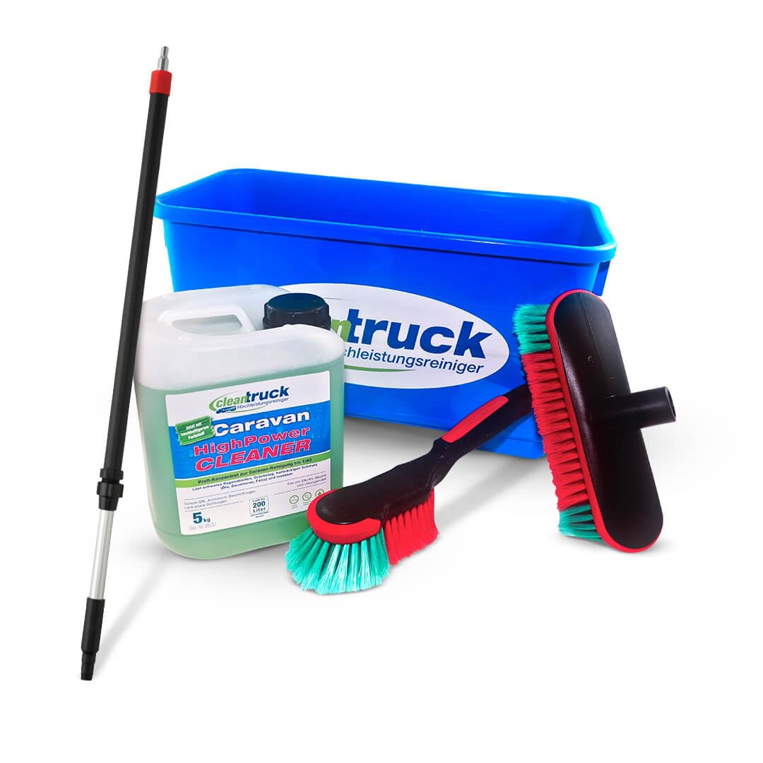 cleantruck Vikan MaxX Caravan Reinigungs-Set | Hochwertiges Komplett-Set für Wohnmobil & Caravan | Waschbürste, Teleskop-Stiel, Felgenbürste, Wascheimer & 5kg HighPower Cleaner von cleantruck