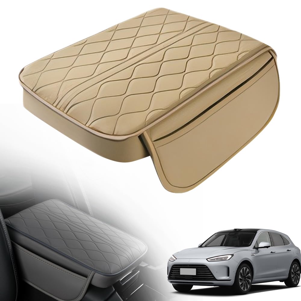 Auto Mittelkonsolenabdeckung, 2024 Neuest Leder Armlehnenkissen, Universal Center Console Lederpolster mit 2 Organizer Leather Car Armrest Box Pad Auto Armlehnen Auflage Auto Box Pad (Beige) von comepew