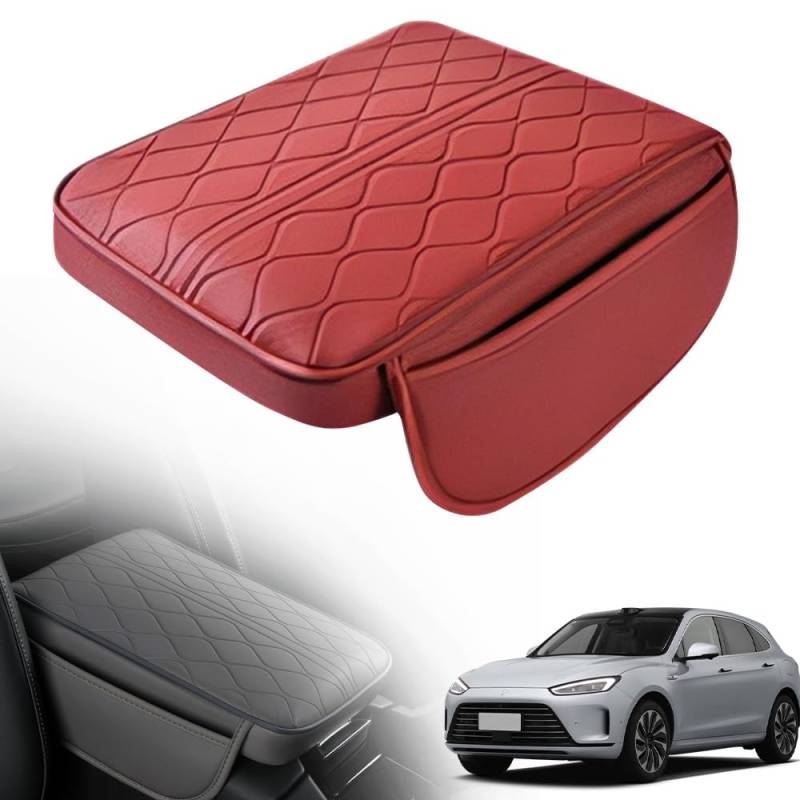 Auto Mittelkonsolenabdeckung, 2024 Neuest Leder Armlehnenkissen, Universal Center Console Lederpolster mit 2 Organizer Leather Car Armrest Box Pad Auto Armlehnen Auflage Auto Box Pad (Rot) von comepew