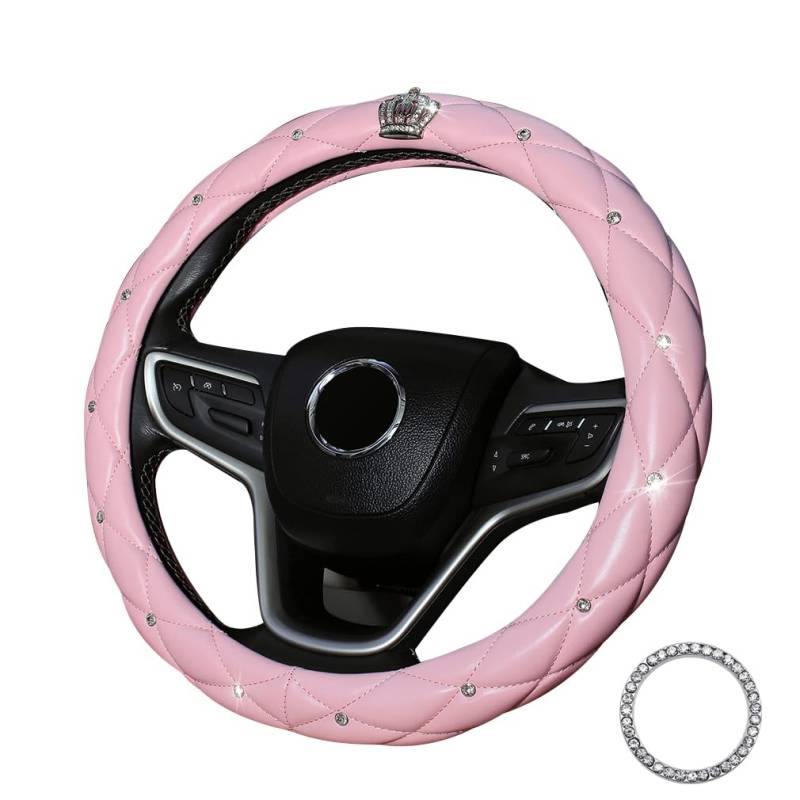 coofig Lenkradbezug Glitzer Universal Lenkradhülle Leder Universal 38cm/15 Inch Strass Lenkrad Bezug Atmungsaktive Steering Wheel Cover Auto Zubehör Innenraum Frauen (Rosa) von coofig