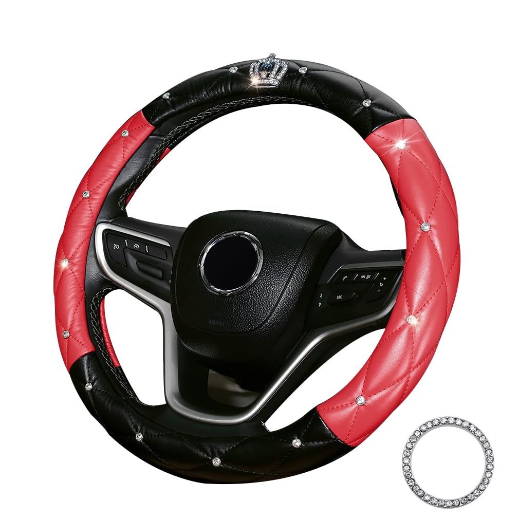 coofig Lenkradbezug Glitzer Universal Lenkradhülle Leder Universal 38cm/15 Inch Strass Lenkrad Bezug Atmungsaktive Steering Wheel Cover Auto Zubehör Innenraum Frauen (Schwarz Rot) von coofig