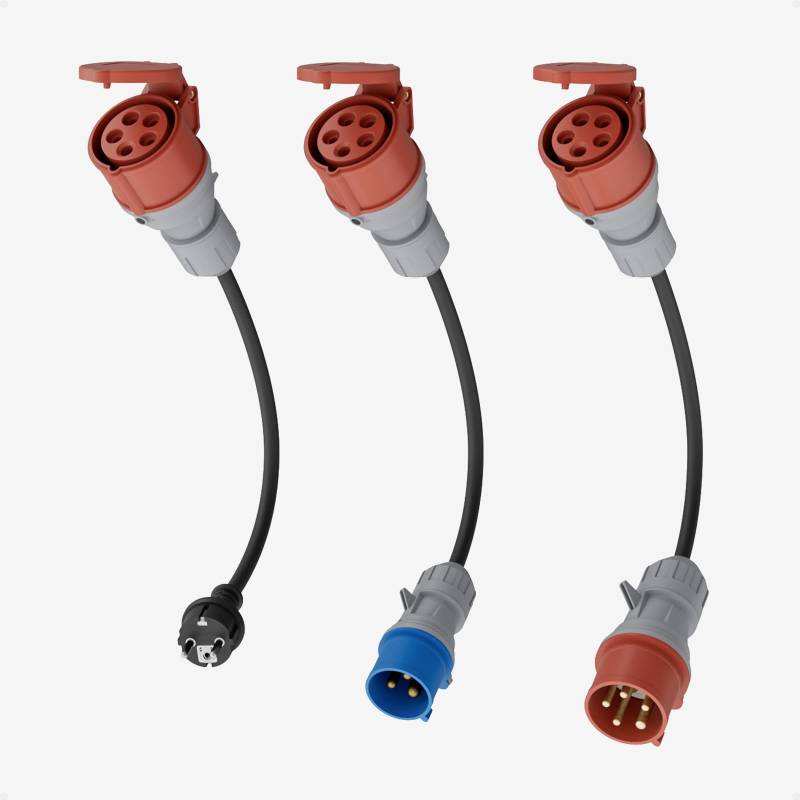 dé Adapterset CEE 16A 5-Poliger für Mobile Wallbox/EV Ladegerät/Ladestation an CEE Rot 32A/ CEE Blau 16A/ 230V Haushaltssteckdose mit 0,5m Gummikabel H07RN-F 3G2.5mm² IP44 Außeneinsatz von dé