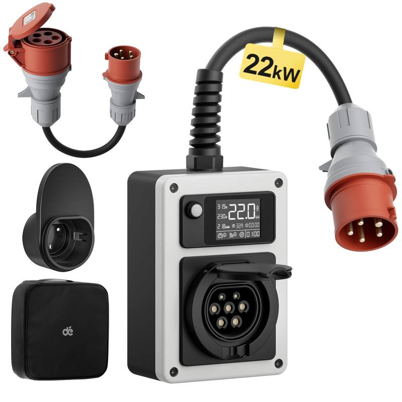 dé Wallbox 22kW 32A EV Charger mit CEE Stecker und Typ 2 Steckdose, 22kW Mobile Ladestation mit Stromzähler, RFID-Karte für ID.4 ID.5, Model Y, Model 3, e-up, e-tron, Zoe und andere EV und PHEV von dé