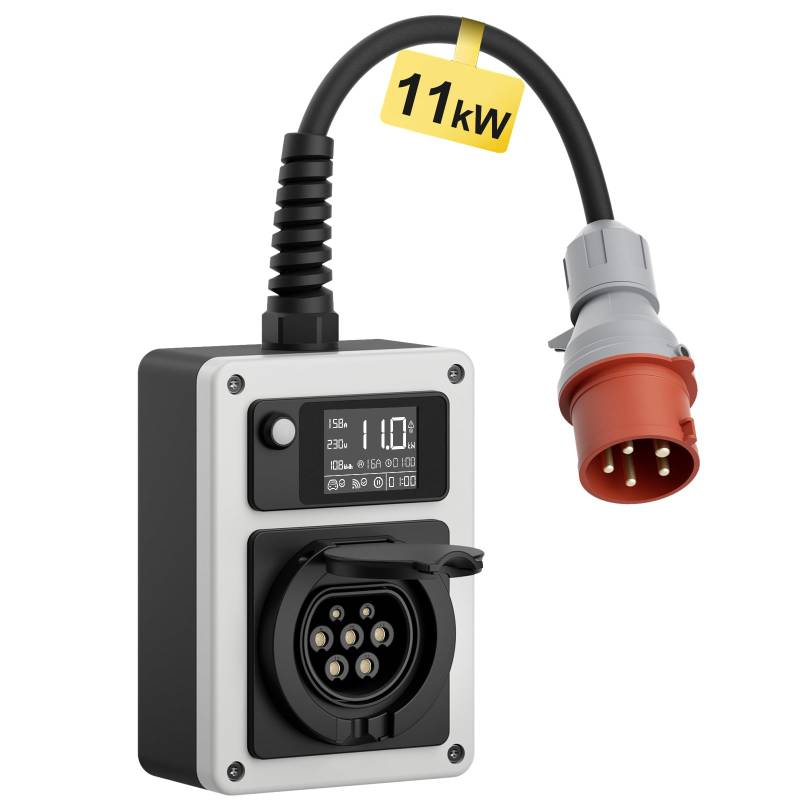 dé Mobile Wallbox 11kW 16A EV Charger mit CEE Stecker und Typ 2 Steckdose, 11kW Ladestation mit Stromzähler, RFID-Karte für ID.4 ID.5, Model Y, Model 3, e-up, e-tron, Zoe und andere EV und PHEV von dé