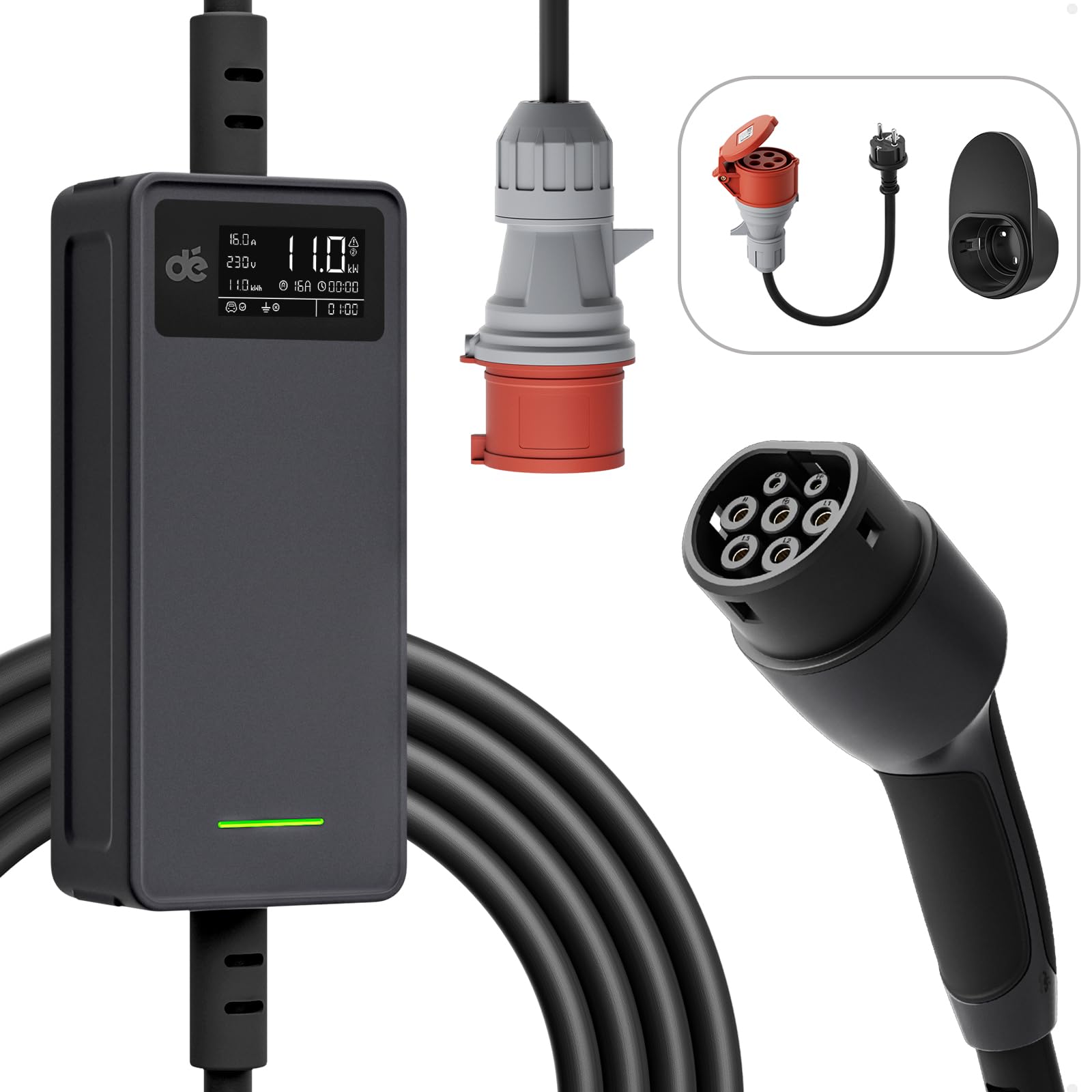 dé Mobile Wallbox 11kW |3-phasig|10m|6-16A |Einstellbare Ladeleistung|, Ladekabel CEE 16a auf Typ 2 und Mobile Ladestation 11kW für ID.3, ID.4, ID.5, Model Y, Model 3, e-up, e-tron, Zoe u andere EV von dé