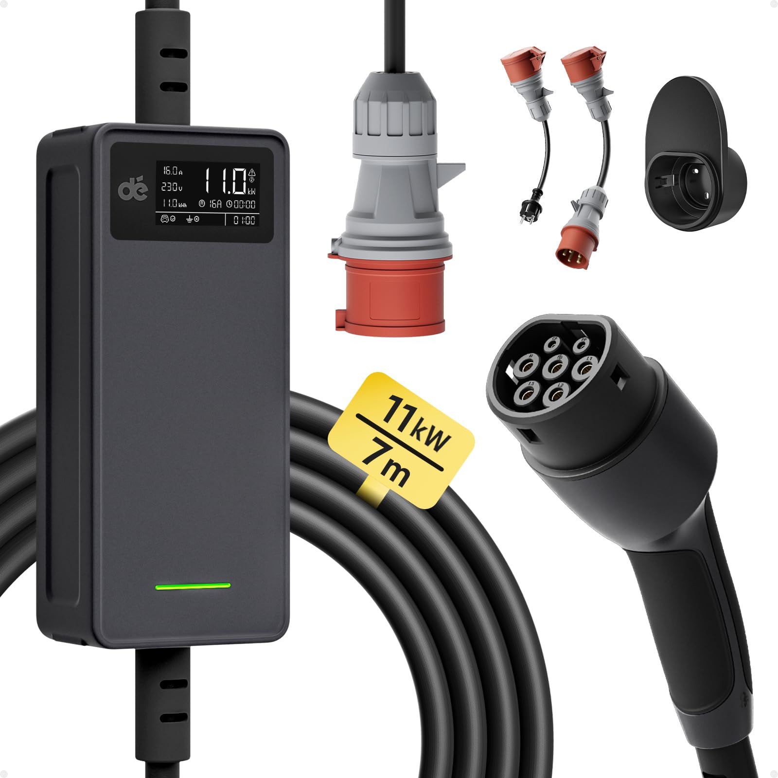 dé Mobile Wallbox 11kW |3-phasig|7m|6-16A |mit Adapter Combo|, Ladekabel CEE 16a auf Typ 2 und Mobile Ladestation 11kW für ID.3, ID.4, ID.5, Model Y, Model 3, e-up, e-tron, Zoe u andere EV von dé