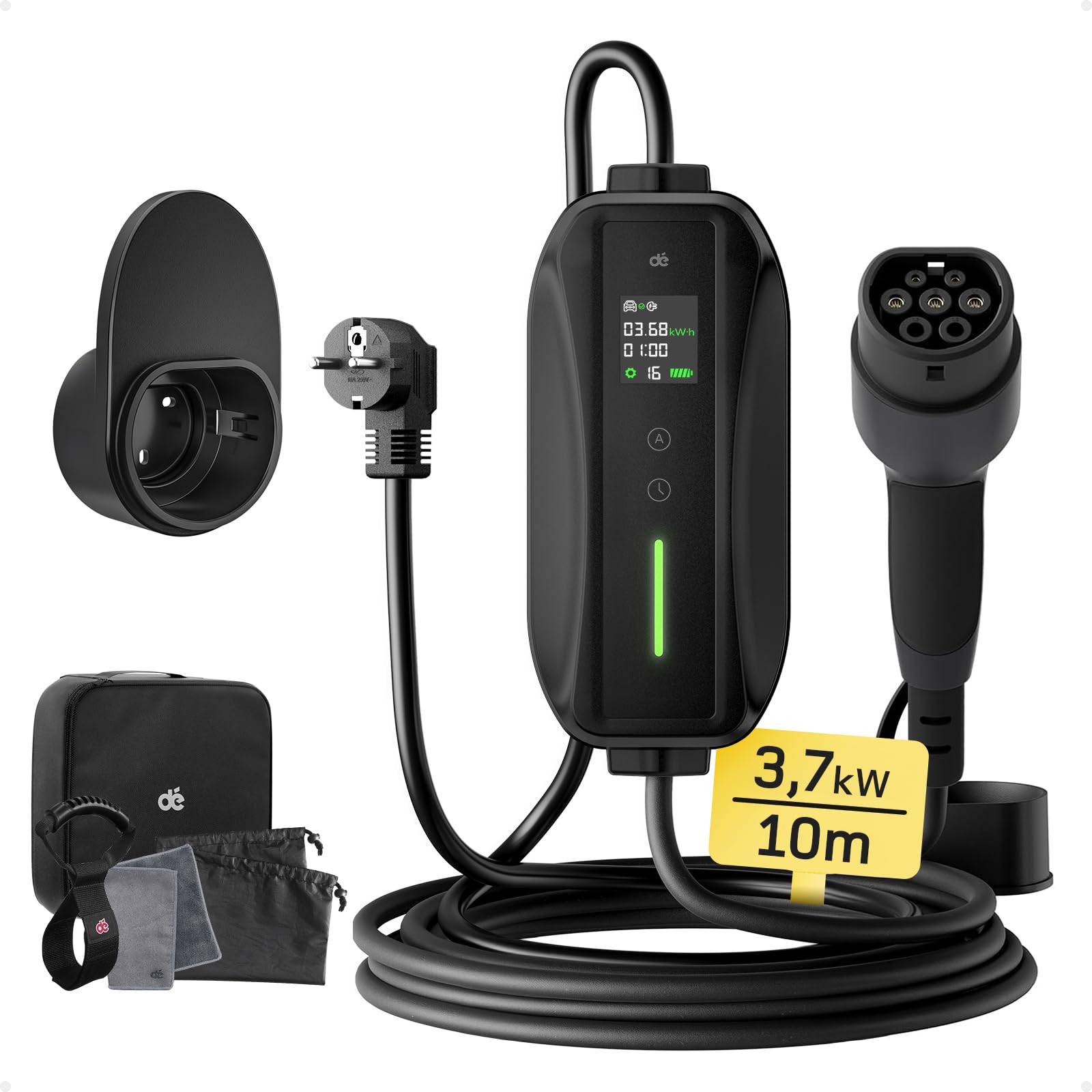 dé Ladekabel Typ 2 Schuko 3,68kW[1-phasig, 10m, 6-16A] EV Chargers mit Steuerbarer Digitalanzeige für Elektroauto, Ladekabel e Auto für Model 3/Y, ID.3, ID.4, ID.5, MG4, Q4, Gla und Anderen PHEV/EV von dé