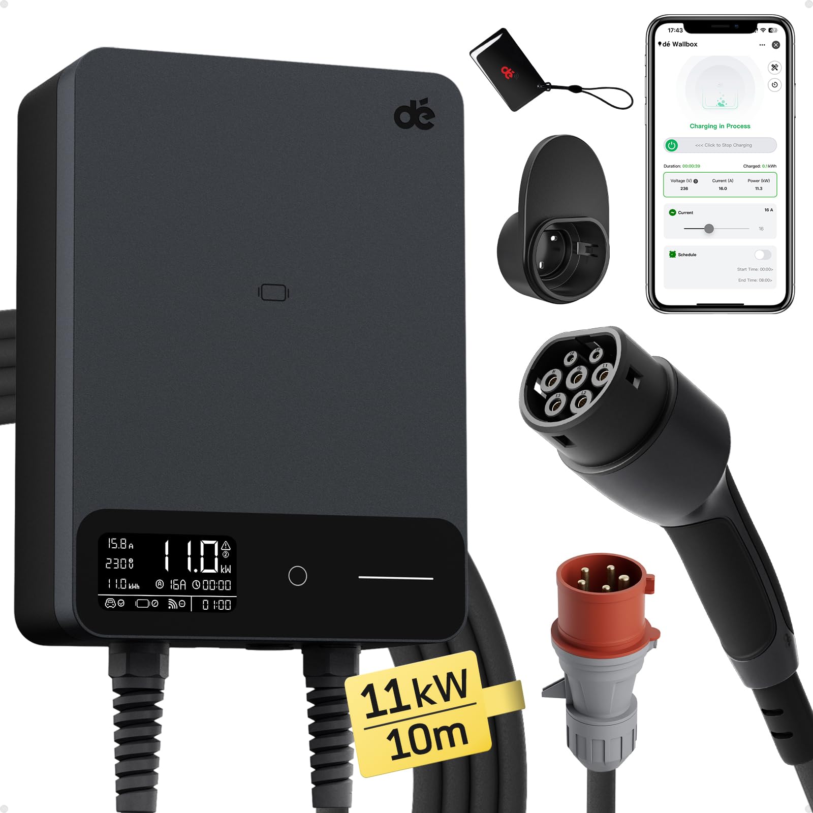 dé Typ 2 Wallbox 11kW mit APP und RFID, 6-16A 3-Phasen EV-Ladegerät 400V mit 10m Ladekabel und Kabelhalter für BEV/PHEV, RCD Typ-B & IP54-Schutz, effiziente Ladestation für Zuhause, schwarz dé Typ 2 Wallbox 11kW mit APP und RFID, 6-16A 3-Phasen EV-Ladegerät 400V mit 10m Ladekabel und Kabelhalter für BEV/PHEV, RCD Typ-B & IP54-Schutz, effiziente Ladestation für Zuhause, schwarz von dé