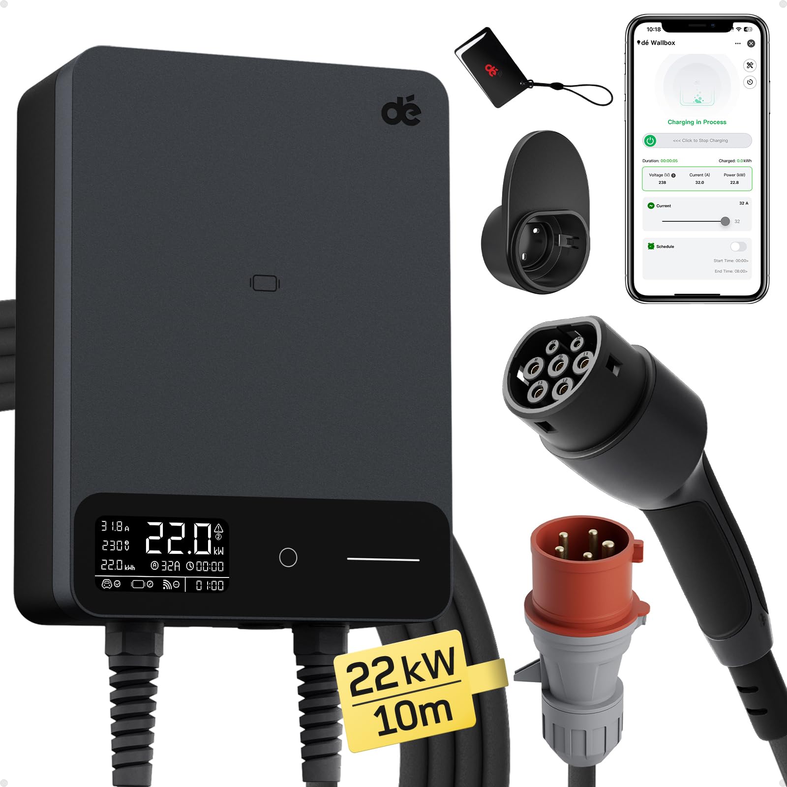 dé Typ 2 Wallbox 22kW mit APP und RFID, 6-32A 3-Phasen EV-Ladegerät 400V mit 10m Ladekabel und Kabelhalter für BEV/PHEV, RCD Typ-B & IP54-Schutz, effiziente Ladestation für Zuhause, schwarz dé Typ 2 Wallbox 22kW mit APP und RFID, 6-32A 3-Phasen EV-Ladegerät 400V mit 10m Ladekabel und Kabelhalter für BEV/PHEV, RCD Typ-B & IP54-Schutz, effiziente Ladestation für Zuhause, schwarz von dé