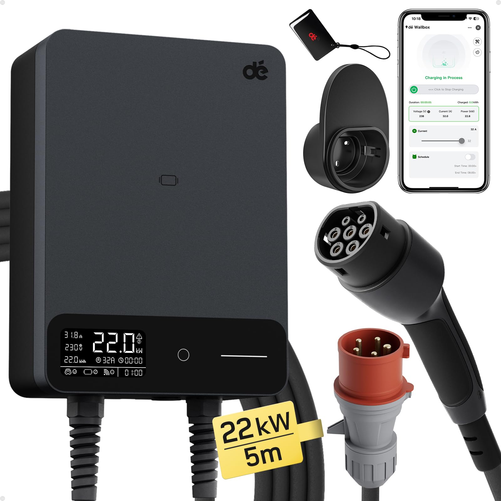 dé Typ 2 Wallbox 22kW mit APP und RFID, 6-32A 3-Phasen EV-Ladegerät 400V mit 5m Ladekabel und Kabelhalter für BEV/PHEV, RCD Typ-B & IP55-Schutz, effiziente Ladestation für Zuhause, schwarz von dé