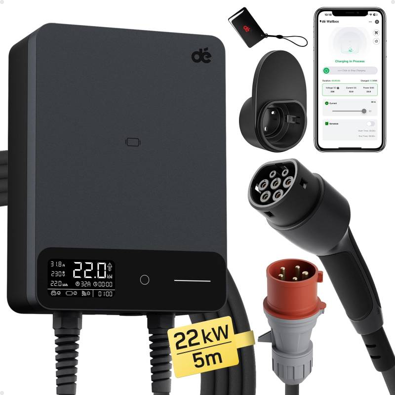 dé Typ 2 Wallbox 22kW mit APP und RFID, 6-32A 3-Phasen EV-Ladegerät 400V mit 5m Ladekabel und Kabelhalter für BEV/PHEV, RCD Typ-B & IP55-Schutz, effiziente Ladestation für Zuhause, schwarz von dé