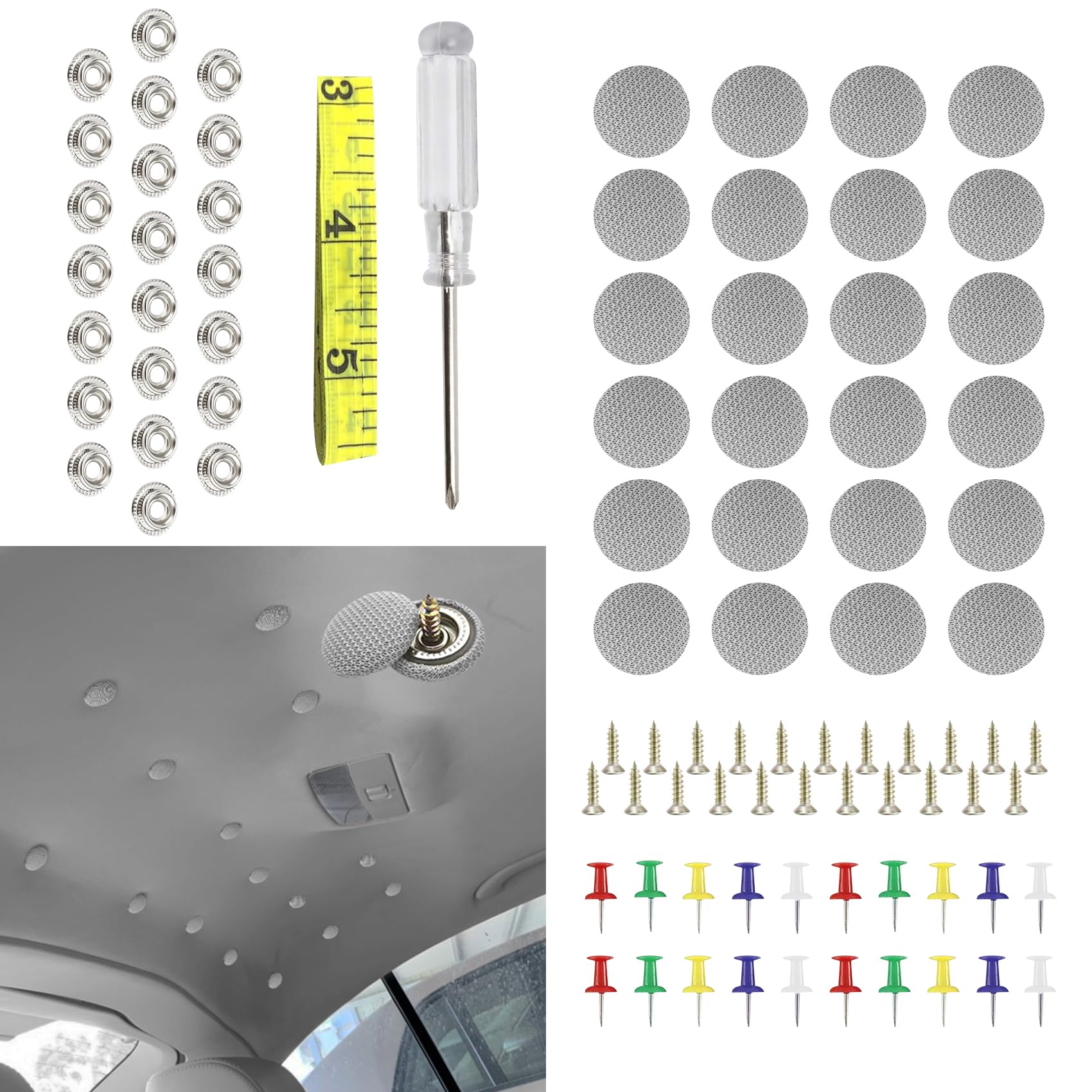 deemars 60PCS Auto Dach Dachhimmel Reparatur Knopf, Auto Dach Snap Nieten Halterung mit Installationswerkzeug, Auto Innenraum dekorieren Autodach feste Ersatz Universal für die Auto (Grauen, Gitter) von deemars