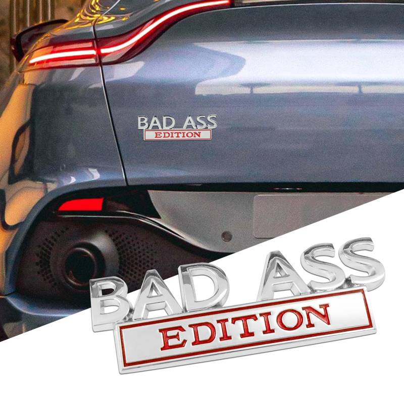 deemars Auto Bad Ass Edition Emblem, Auto Exterieur Embleme Abzeichen, 3D Kotflügelabzeichen Aufkleber mit 3M Kleber, Auto Exterieur Zubehör Metallaufkleber Universal für Autos (Silber rot) von deemars