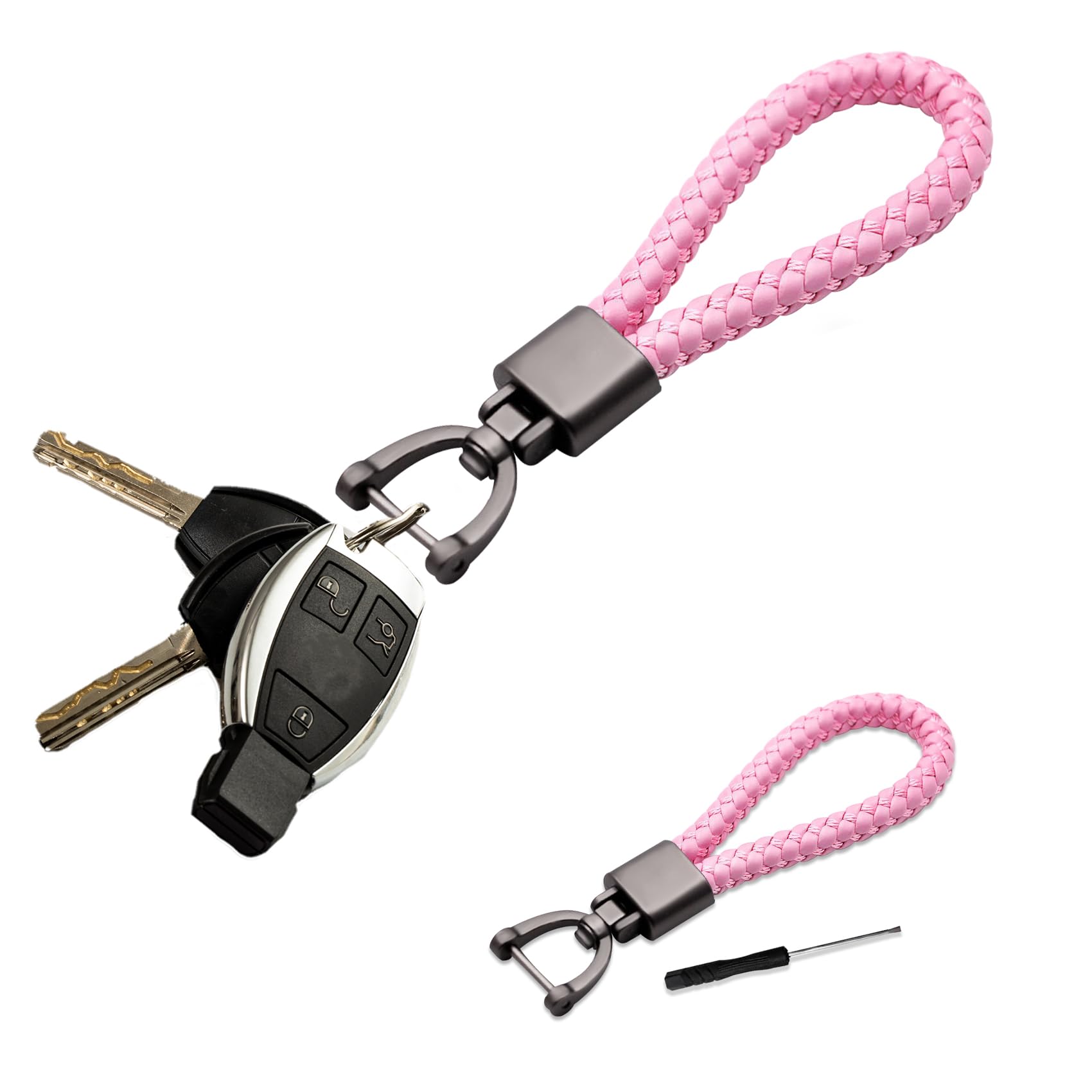 deemars Autoschlüsselanhänger aus echtem Leder, Autoschlüsselhalter mit 360 Grad drehbarem D-Ring und Schraubendreher, Woven Strap Braided Rope Schlüsselanhänger Universal für Männer (Rosa) von deemars