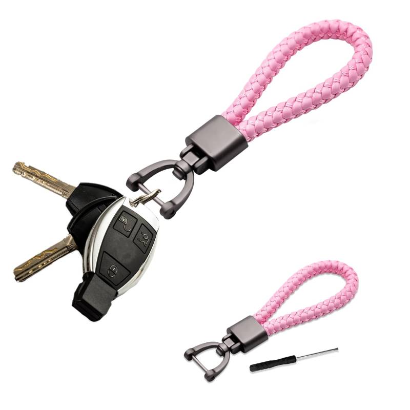 deemars Autoschlüsselanhänger aus echtem Leder, Autoschlüsselhalter mit 360 Grad drehbarem D-Ring und Schraubendreher, Woven Strap Braided Rope Schlüsselanhänger Universal für Männer (Rosa) von deemars