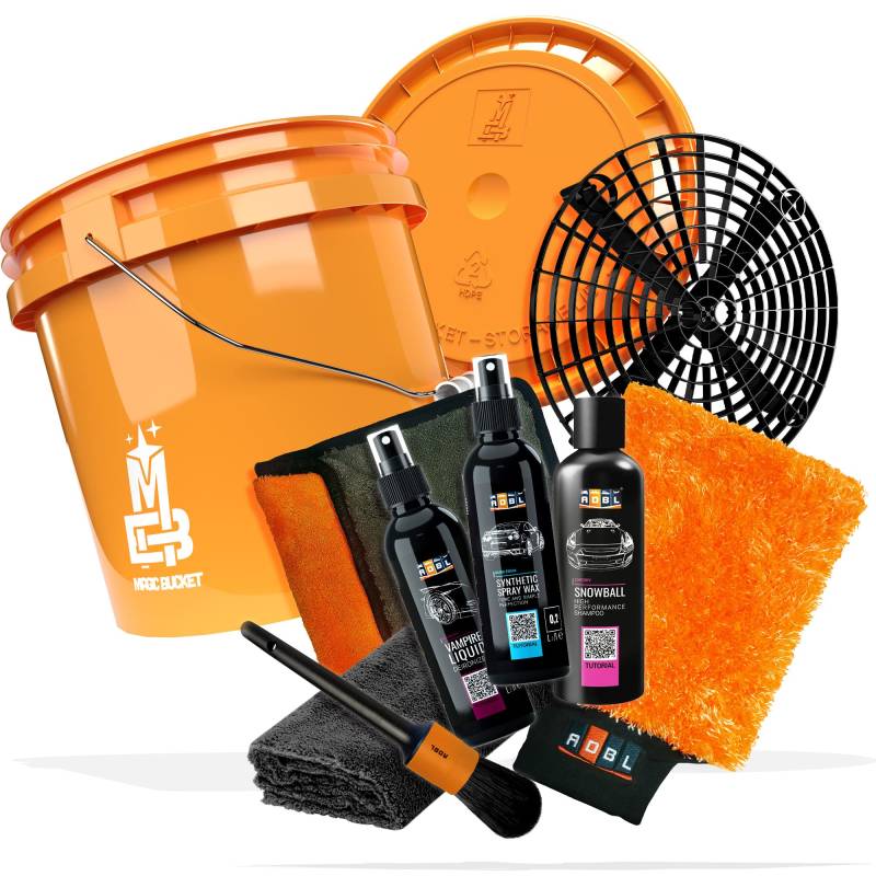 10 teiliges Autowasch Bundle – ADBL Synthetic Spray Wax, Snowball Auto Shampoo, Vampire Liquid, Waschhandschuh, Trockentuch, Pinsel, Magic Bucket 3,5GAL & Deckel orange, Grit Guard, detailmate Tuch von detailmate