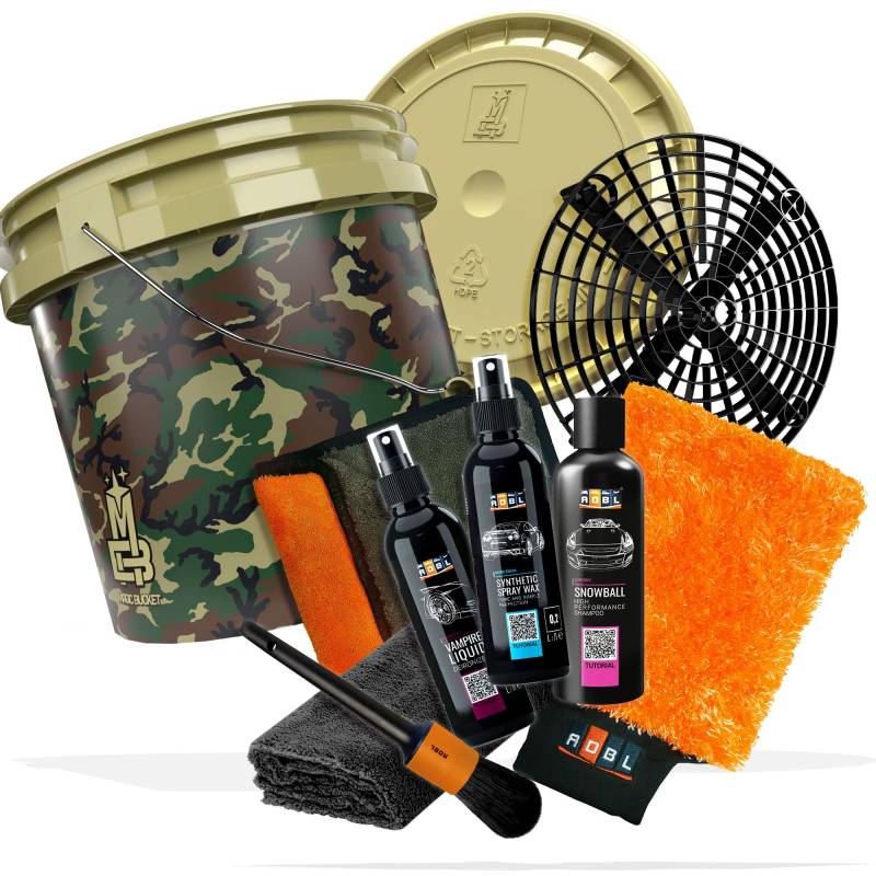 10 teiliges Autowasch Bundle – ADBL Synthetic Spray Wax, Snowball Auto Shampoo, Vampire Liquid, Waschhandschuh, Tuch, Pinsel, Magic Bucket 3,5GAL & Deckel camouflage grün, Grit Guard, detailmate Tuch von detailmate