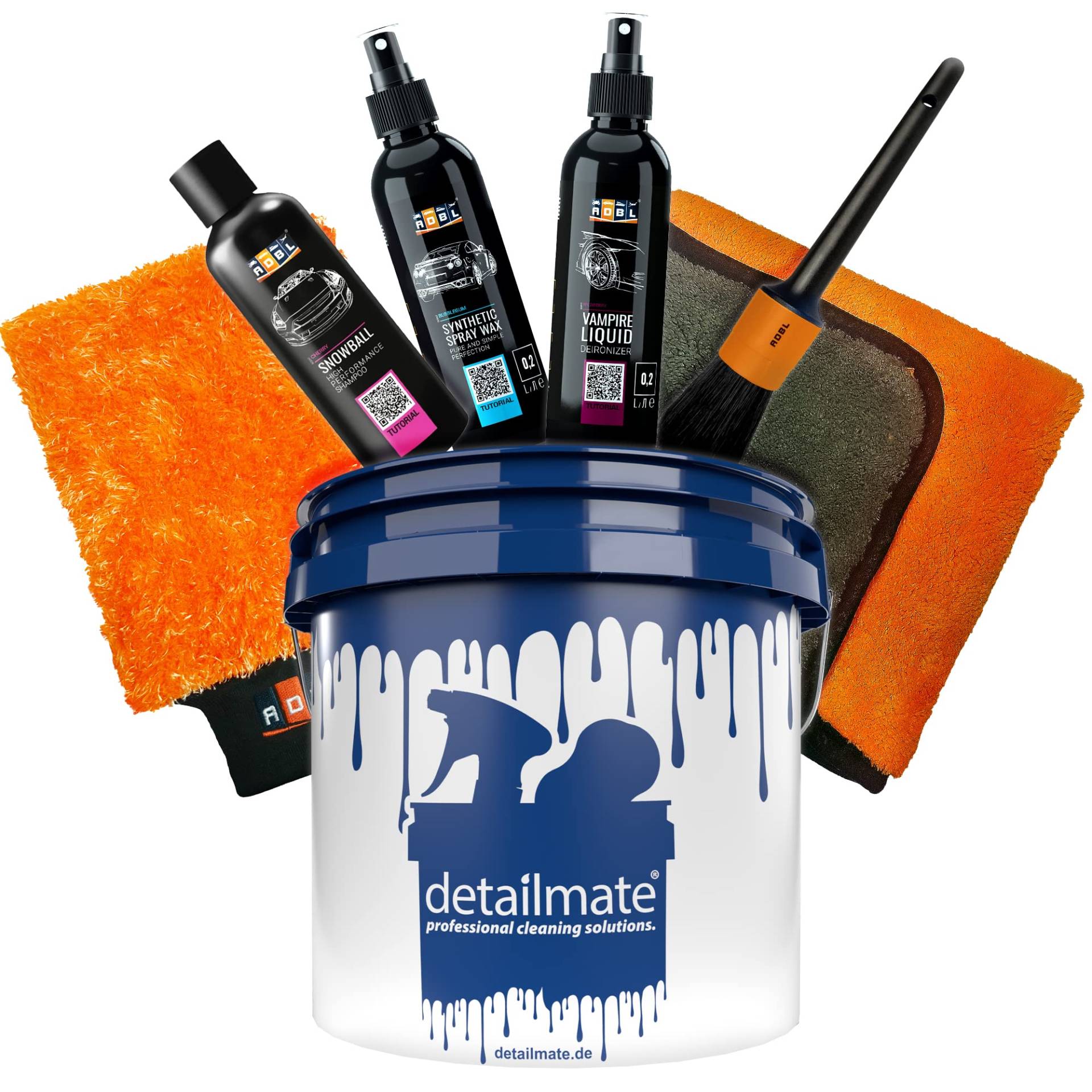 7 teiliges Autowasch Bundle – ADBL Exterior Sample Set: Synthetic Spray Wax 0,2L, Snowball Auto Shampoo 0,2L, Vampire Liquid 0,2L, Waschhandschuh, Trockentuch, Pinsel + detailmate Wascheimer 3,5GAL von detailmate