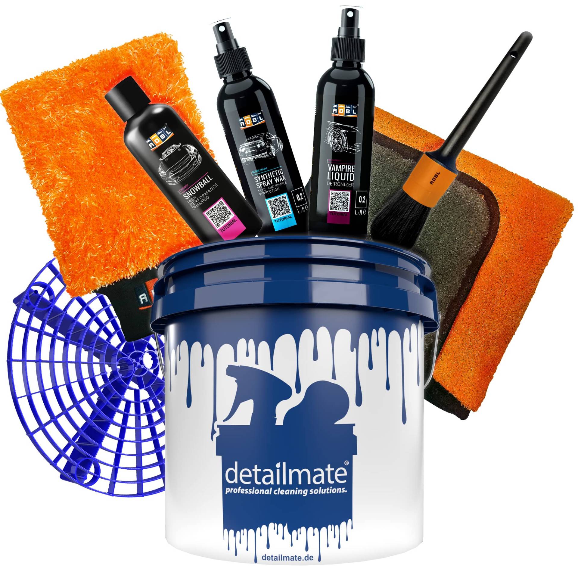 8tlg Autowasch Bundle – ADBL Exterior Sample Set Synthetic Spray Wax, Snowball Auto Shampoo, Vampire Liquid, Waschhandschuh, Trockentuch, Pinsel + detailmate Wascheimer 3,5GAL + Grit Guard Einsatz von detailmate