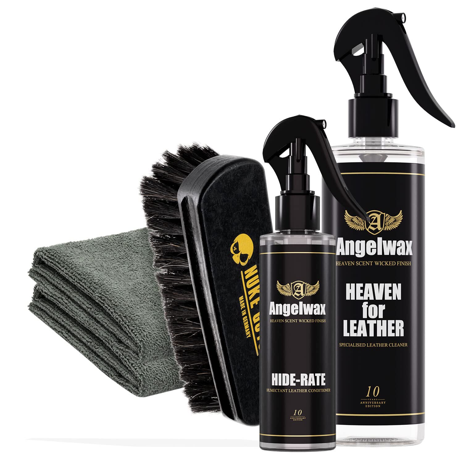 Auto Lederpflege Bundle - Angelwax Heaven for Leather Cleaner & Conditioner 0,5L + Angelwax Hide Rate Leather Conditioner 0,25L + Nuke Guys Lederbürste + 2x detailmate Mikrofasertuch 380GSM von detailmate