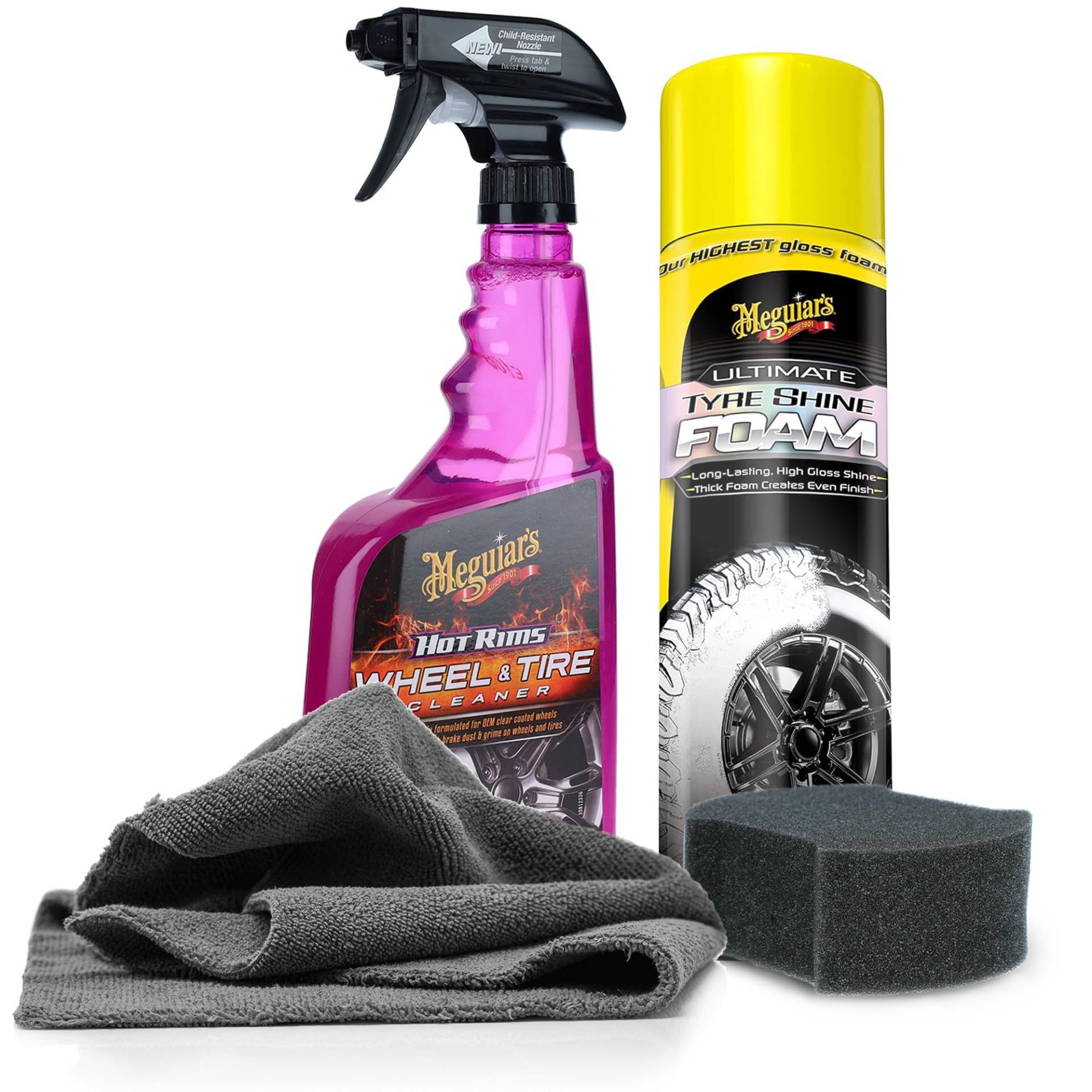 Auto Reifenpflege & Felgenpflege Set | Meguiar's Ultimate Tyre Shine Foam + Meguiars Hot Rims Wheel Cleaner + Applikator Pad + Mikrofasertuch | Pflege & Reinigung von Felgen & Reifen von detailmate