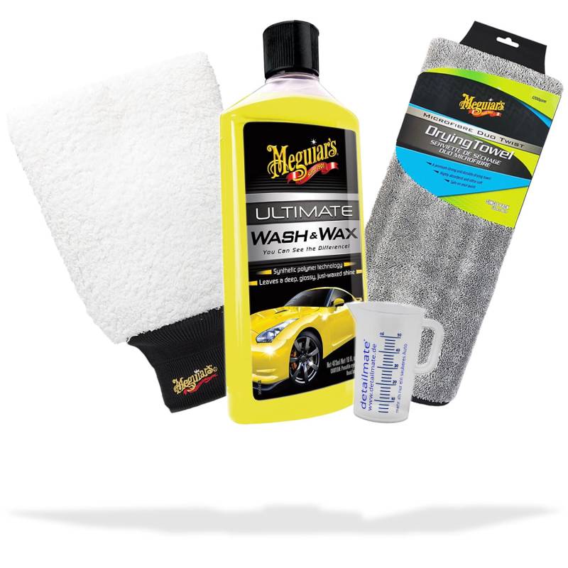 Auto Reiniger und Lackpflege Set | Meguiar's Ultimate Wash & Wax - Super Thick Microfiber Wash Mitt - Duo Twist Car Drying Towel - Messbecher | optimale Reinigung und Glanz - Autoshampoo mit Wachs von detailmate