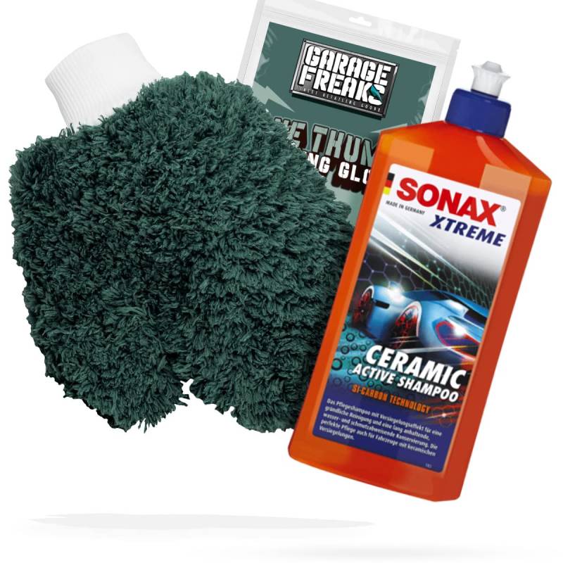 detailmate Autowäsche Bundle - Autoshampoo SONAX Xtreme Ceramic Active Shampoo 0,5L + Garage Freaks One Thumb Washing Glove - Autopflege Set mit Waschhandschuh und Auto Shampoo von detailmate