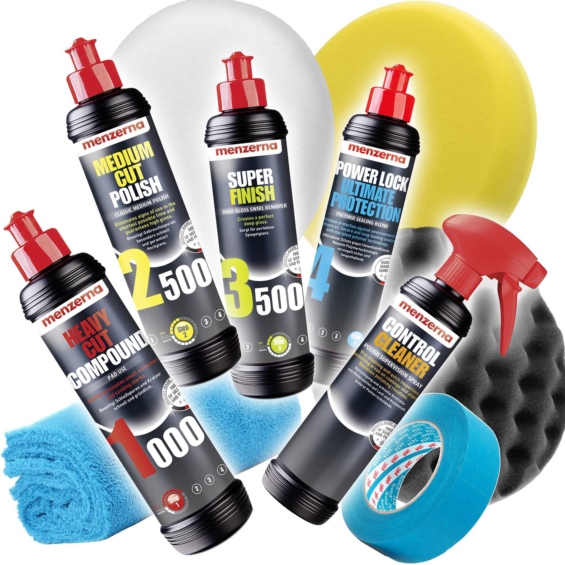 detailmate Auto Politur Set - Menzerna Autopolitur 250ml: Super Heavy Cut 1000 + Medium Cut 2500 + Super Finish 3500 + Power Lock Ultimate Protection + 3X Menzerna Pad + Poliertuch + 3M Scotch Band von detailmate