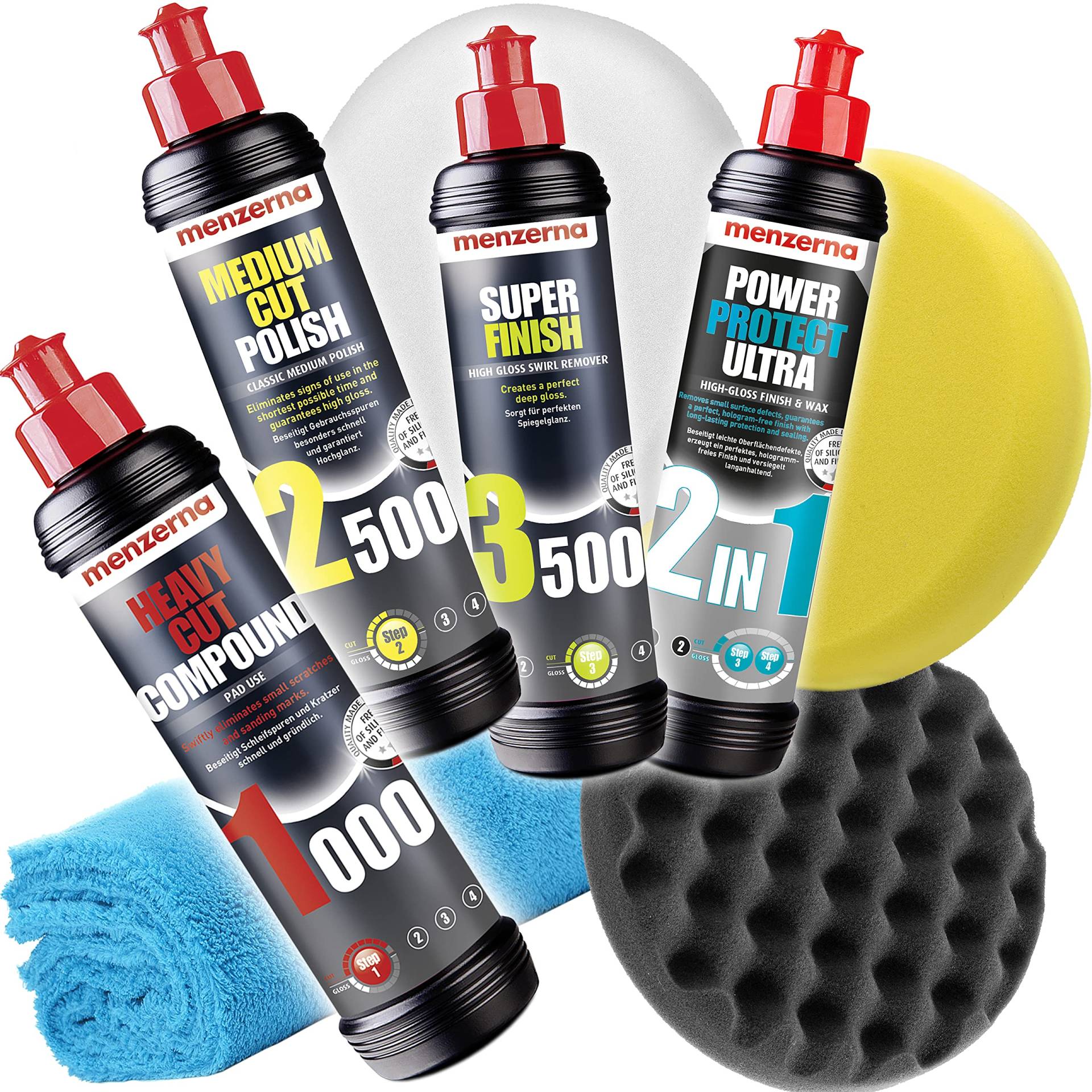 Detailmate Auto Politur Set - Menzerna 250ml: Autopolitur Super Heavy Cut 1000 + Medium Cut 2500 + Super Finish 3500 + 2 in 1 Power Protect Ultra FINISH&WAX + 3x Menzerna Pad + Mikrofaser Poliertuch von detailmate