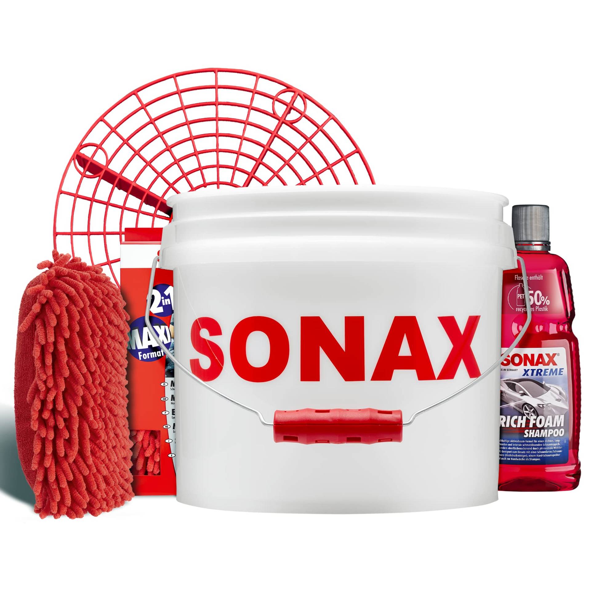 Detailmate - SONAX Auto Handwäsche Set: Sonax GritGuard Wascheimer, 13 Liter (3,5 Gallonen) + GritGuard Schmutz Einsatz + Sonax Rich Foam Aktivschaum Shampoo + Microfaser 2in1 Schwamm von detailmate