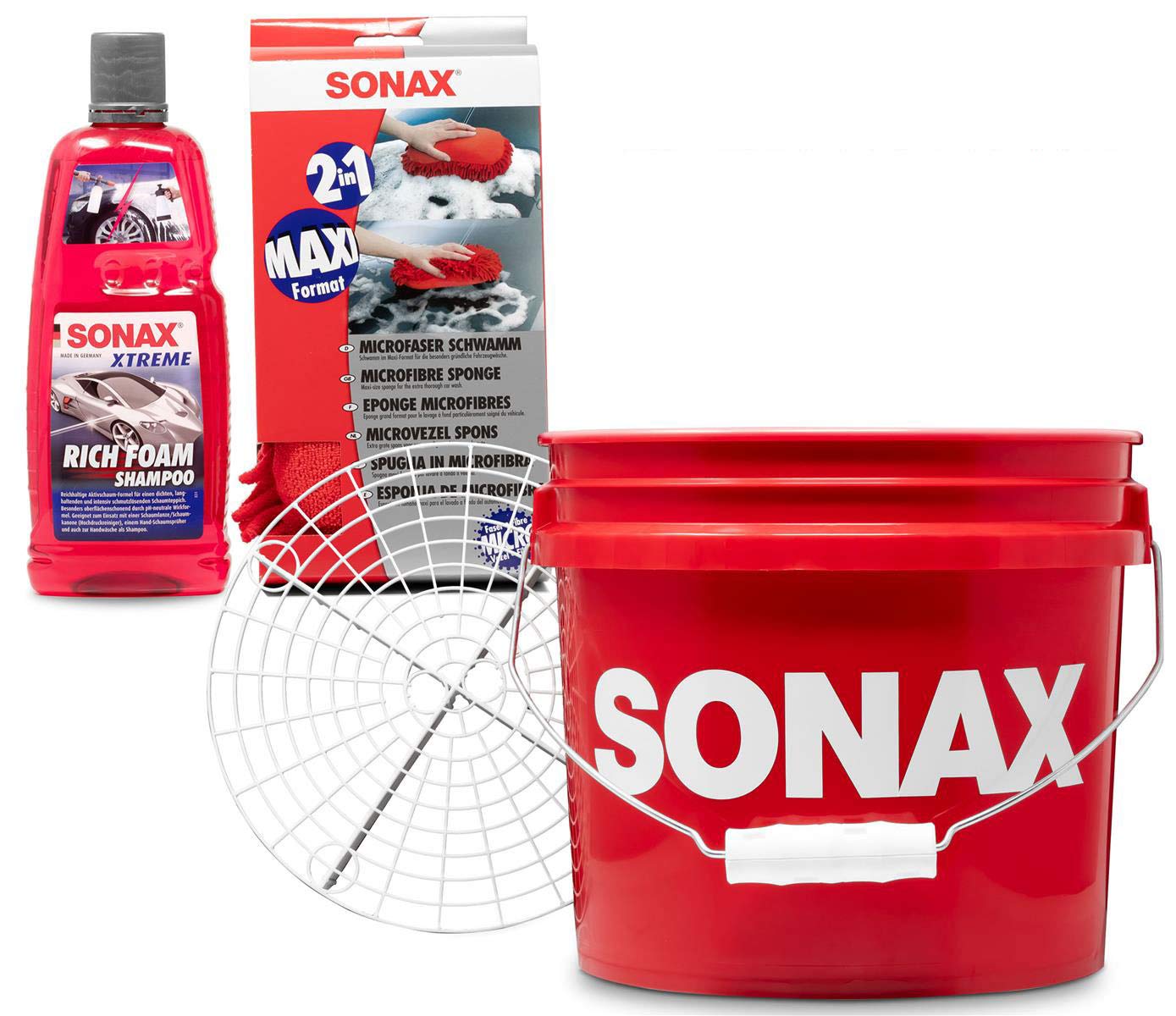 Detailmate - SONAX Auto Handwäsche Set: Sonax GritGuard Wascheimer, 13 Liter (3,5 Gallonen) + GritGuard Schmutz Einsatz + Sonax Rich Foam Aktivschaum Shampoo + Microfaser 2in1 Schwamm von detailmate