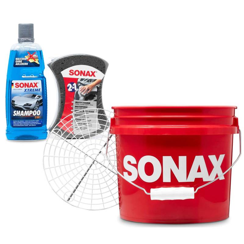 Detailmate - SONAX Auto Handwäsche Set: Sonax GritGuard Wascheimer, 13 Liter rot (3,5 Gallonen) + GritGuard Schmutz Einsatz + Sonax Xtreme Auto Shampoo 2in1 + Sonax Multischwamm von detailmate