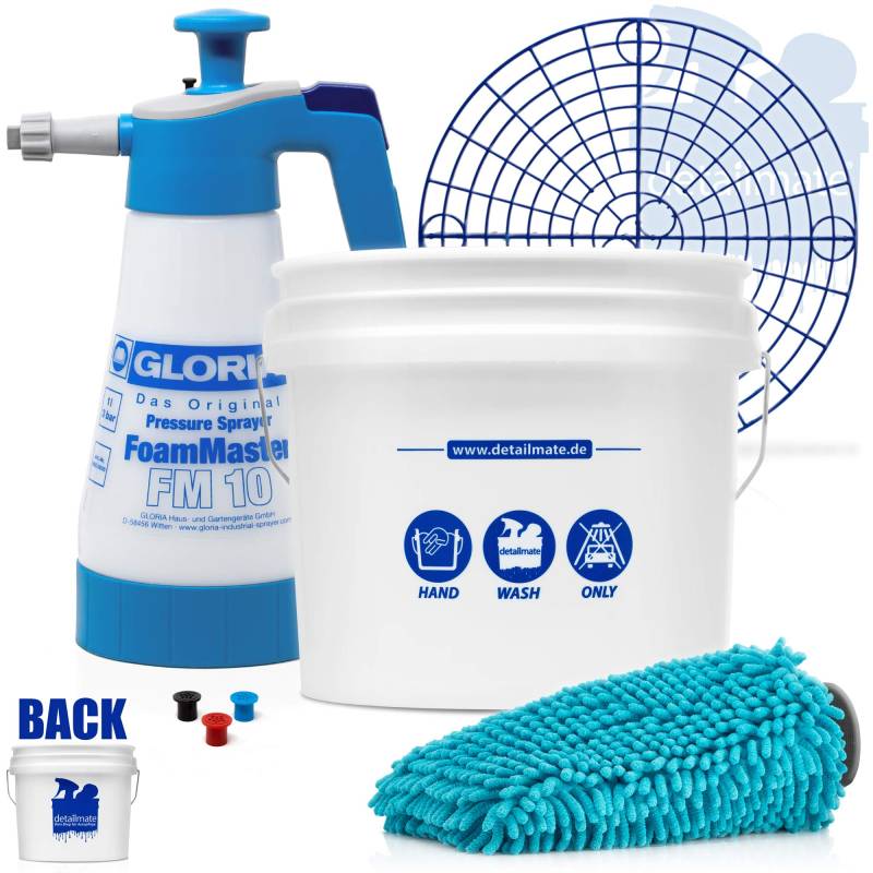 Detailmate Set Auto Handwäsche: GritGuard Wascheimer 3,5 GAL (ca. 13 L) + Foamer + Detailmate Chenille Waschhandschuh (Detailmate Set + Gloria) von detailmate