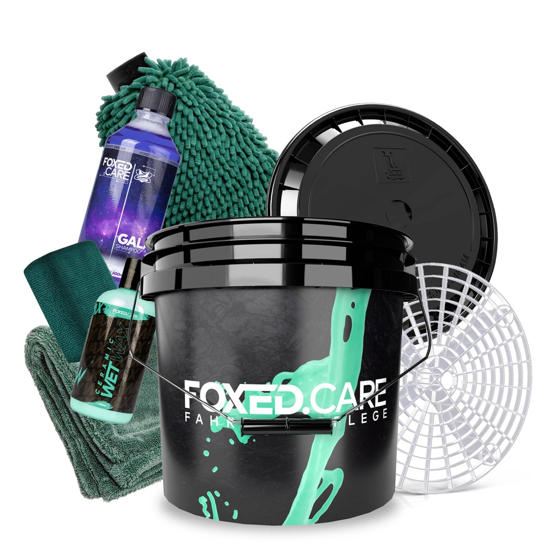 Foxed Care Eimer Bundle Gold - FoxedCare Wascheimer 3,5 US GAL + Deckel + Grit Guard Schmutzsieb + FoxedCare Galaxy Autoshampoo 0,5L & Ceramic Wet Wax 0,25L + Garage Freaks Mikrofaser Zubehör von detailmate