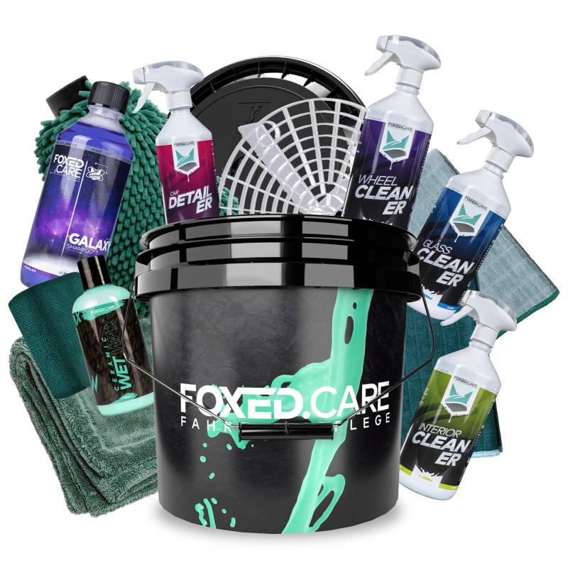 Foxed Care Eimer Bundle Platin - FoxedCare Wascheimer 3,5 US GAL mit Zubehör + FoxedCare Autoshampoo 0,5L, Wax 0,25L, Glasreiniger 1L, Felgenreiniger 1L, uvm. + Garage Freaks Mikrofaser Zubehör von detailmate