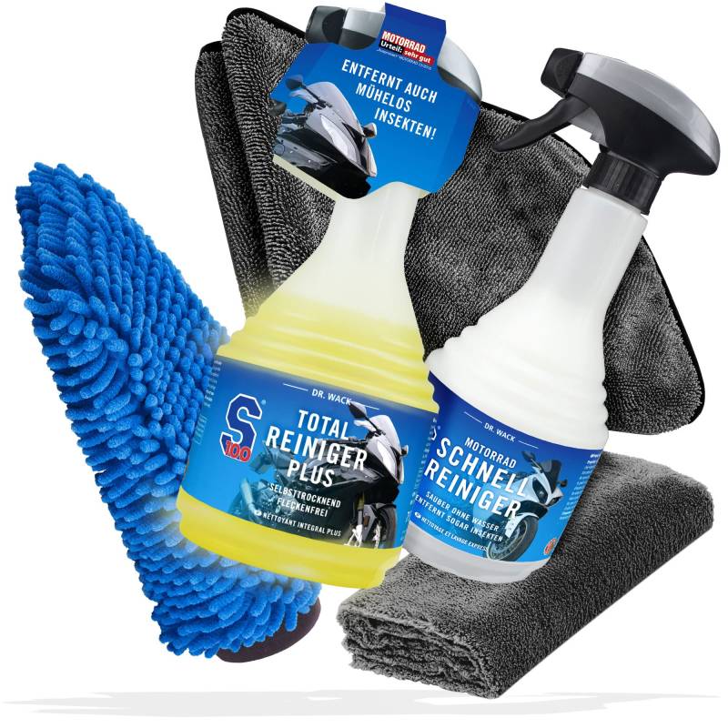 Motorrad Reinigung, Trocknen & Detailer Bundle - Dr. Wack S100 Total Reiniger Plus + Bike Detailer S100 Schnellreiniger + detailmate Trockentuch & Poliertuch + Microfiber Monkey Waschhandschuh von detailmate