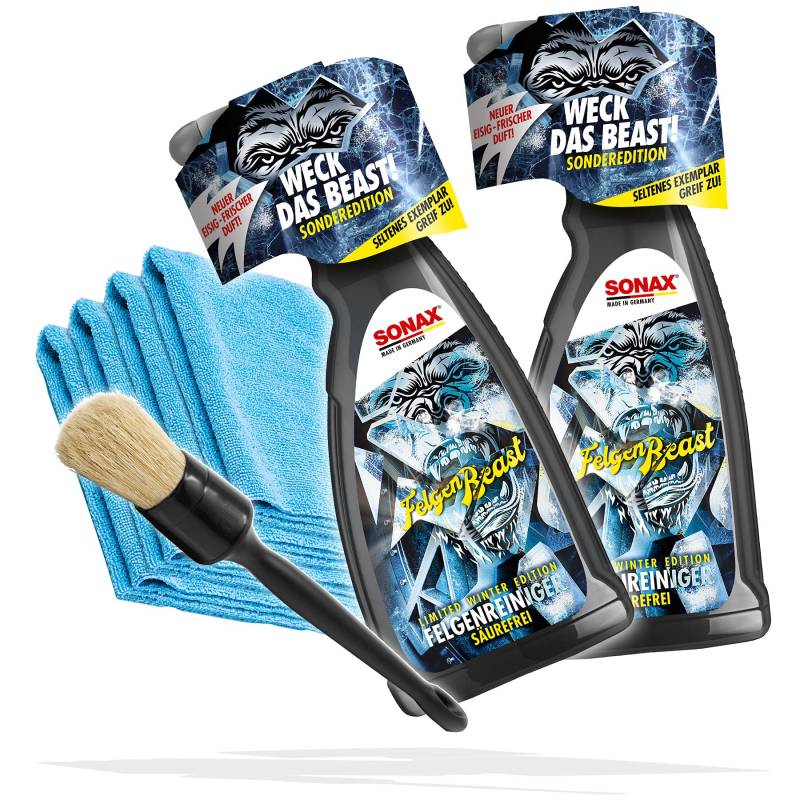 SONAX FelgenBeast Winter Sonder Limited Edition 1L Set Deluxe: 2X Säurefreier Felgenreiniger mit Wirkindikator zur schonenden Felgenreinigung + ValetPRO Reinigungspinsel + 4 Mikrofasertücher 320 GSM von detailmate